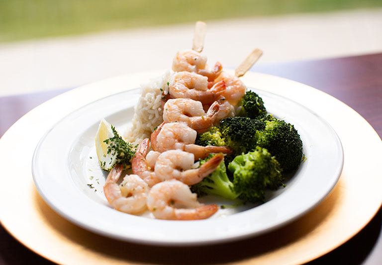 the wellington home gallery shrimp skewers rice broccoli
